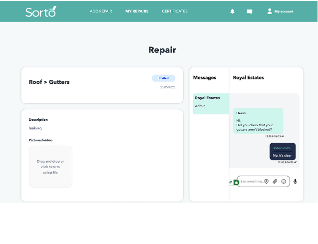 Tenant portal repair view showing the submitted repair details, uploaded photos and messages between the tenant and property manager with live status updates.