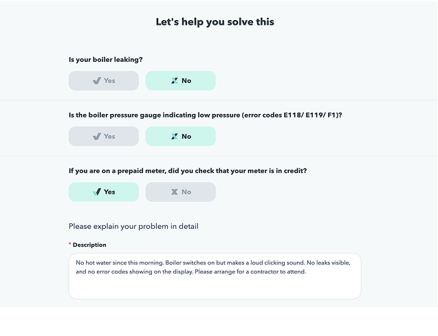 Tenants follow guided troubleshooting questions in the Sorto tenant self service portal, such as checking boiler leaks, pressure levels and prepaid meter credit, before entering a detailed description of the issue for the property manager.