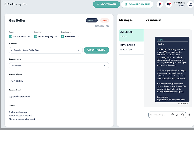 A repair ticket screen in Sorto showing the boiler repair details, tenant information, property address and notes. The right side displays a messaging thread between the tenant, the property manager and the contractor with timestamps and status updates. The page includes options to add tenants, download a PDF and return to the repairs list.
