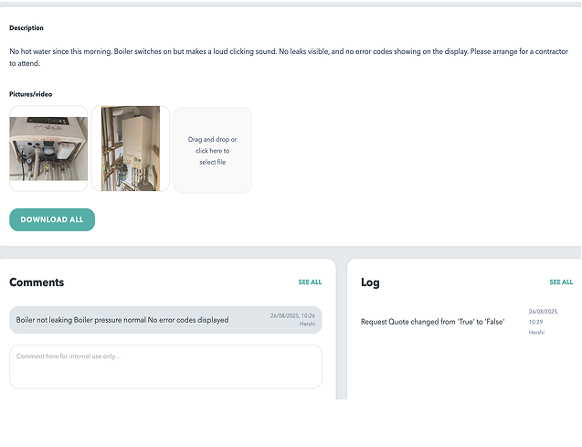 Detailed repair ticket in Sorto displaying the tenant description, uploaded photos, comments and a full log of updates for the repair.