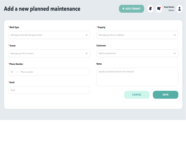 Planned maintenance form where property managers create a new maintenance task by selecting work type, contractor, property and notes before saving.