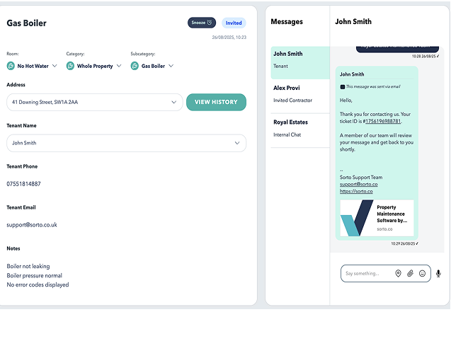 Property manager sees the full work order including tenant details, repair information, internal notes and message history with tenants and contractors.